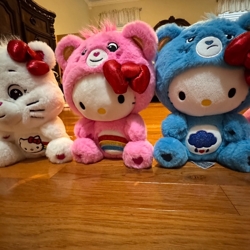 Care Bears Hello Kitty Plush Trio - Pink, Blue, and White